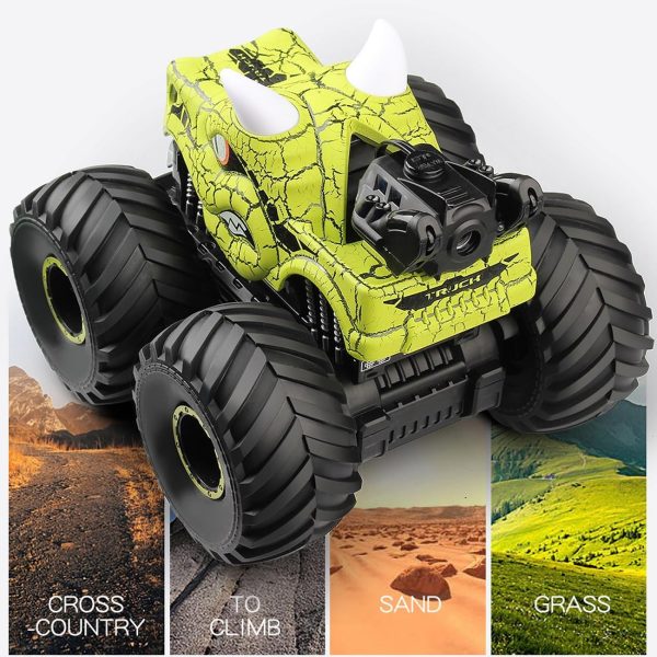 Threeking 1:18 Dinosaur RC Car Remote Control Cars Trucks Toy 4WD Off-Road Car Toys with Lights Spray Suitable for All Terrain Gifts Presents for Boys/Girls Ages 6+ Green - Image 4