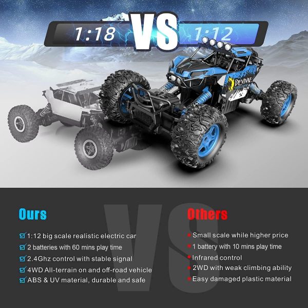 CROBOLL 1:12 Large Remote Control car for Boys Kids with Lifting Function,4WD RC Cars Electric Monster Truck Toy Gifts 4X4 Off-Road RC Rock Crawler 2.4GHz RC Truck with 2 Batteries(Blue) - Image 5