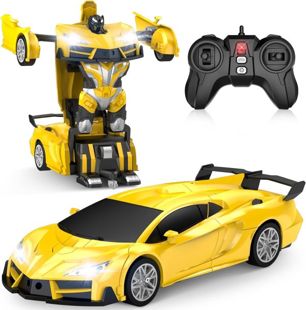 Remote Control Car，Transform Robot RC Cars with Cool LED Headlights, 2.4Ghz Toys Car with 360 Degree Rotation and One-Button Deformation, Christmas Birthday Gifts for Boys Girls(Yellow) - Image 2