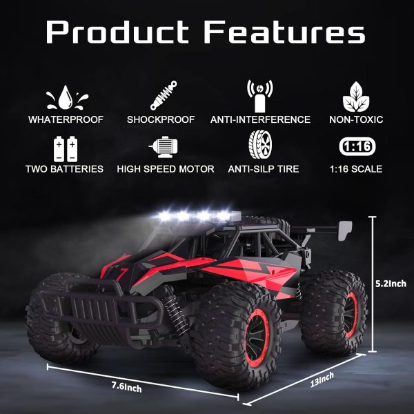 1:16 Scale Remote Control Car, 20 Km/h High Speed Remote Control Truck Off Road RC Monster Vehicle with LED Headlights and Chassis Lights, Electric Toy for Boys Kids and Adults - Image 3