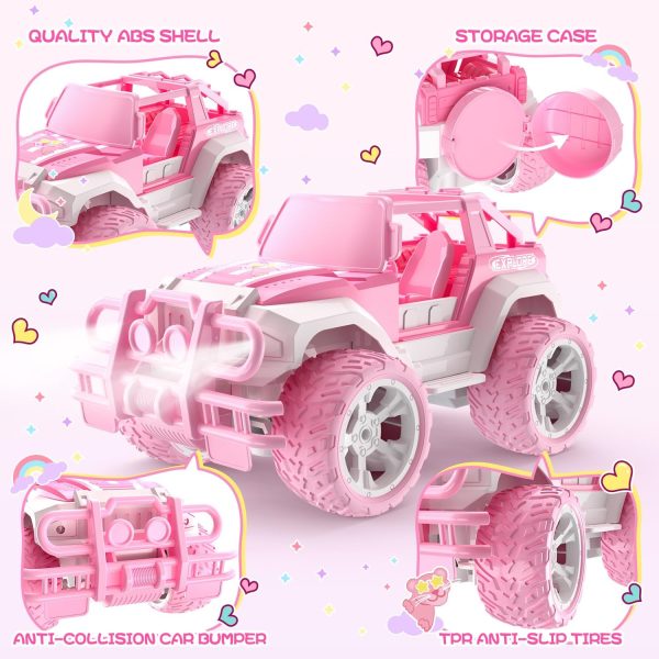 DEERC RC Cars with Windmill Hair Clips, 1:18 Scale Remote Control Car with Storage Case, 80 Min Playtime 2.4Ghz LED Light Off-Road Pink Monster RC Trucks with Auto Mode, Toys Car Gifts for Girls Kids - Image 4