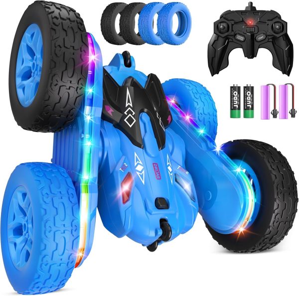 Remote Control Car,RC Cars with Sides Light Strip and Headlights,Double Sided 360 Flips Rotating RC Stunt Car,2.4Ghz All Terrain Toys for Ages 4-6 Kids Toy for Boys Girls Birthday Gift(Blue) - Image 2