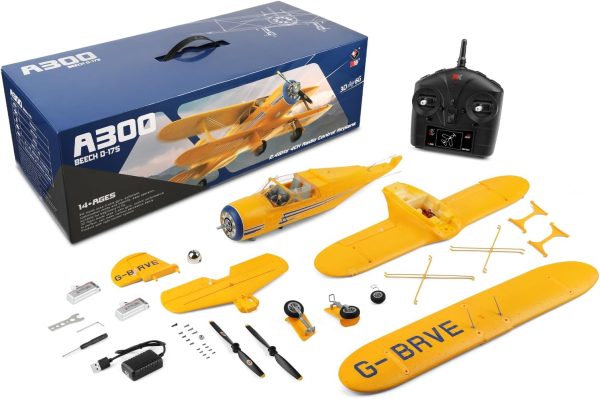 CKYSCHN WLtoys A300 4-Ch RC Plane, Beechcraft D-17 RC Airplanes with Lights, 6G/3D Brushless RC Planes with 2 Batteries, 2.4G Remote Control RC Airplanes Gifts for Adults (Yellow) - Image 8