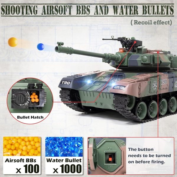 1:18 RC Tank, 2.4Ghz RUS T-90 Remote Control Tank Model Toys, Battle Army Tank 15 Channel with Smoke, Light Sound, Volume Switch, Military Toy for Adults and Kids That Shoots BBS, Water Bombs - Image 6