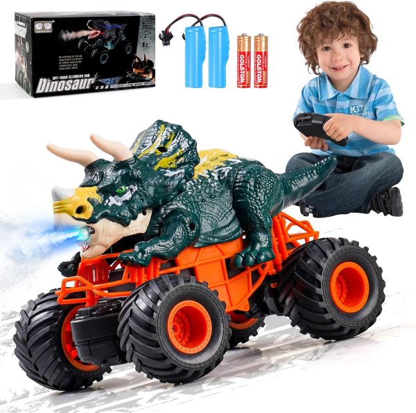 Remote Control Dinosaur Car for Boys, 2.4Ghz RC Monster Truck Toys All Terrain Hobby Dino RC Car with Spray Light Sound, Birthday Gift for 3-12 Year Old Kids (Green) - Image 2