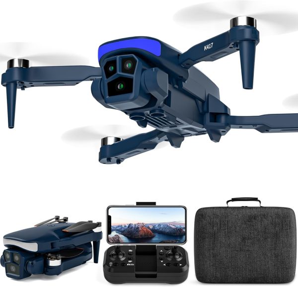 K417 Drone with Camera 1080p HD,90° Electric Adjustable Lens,Blue LED Lights AIdrones with Dual Cameras for Adults,Remote Control Quadcopter with Altitude Hold for Beginners,Gestures Selfie,Carry Case - Image 2