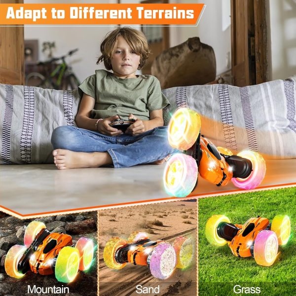 Remote Control Car, RC Cars Toys for Ages 4-7, 2.4GHz 4WD Fast RC Car Kids Toys for Ages 8-12, Double Sided 360°Rotating Monster Truck Toys for Girls RC Truck Toy Cars for Boys, Orange - Image 6