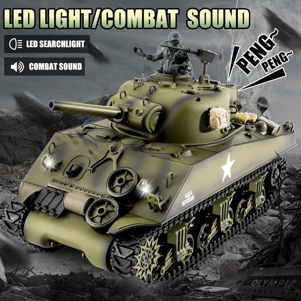 RC Tank Henglong US M4A3 Sherman Medium Tank, 1/16 Remote Control Main Battle Tank 2.4ghz Vehicles Model with Sound & Light for Ages 14+ - Image 5