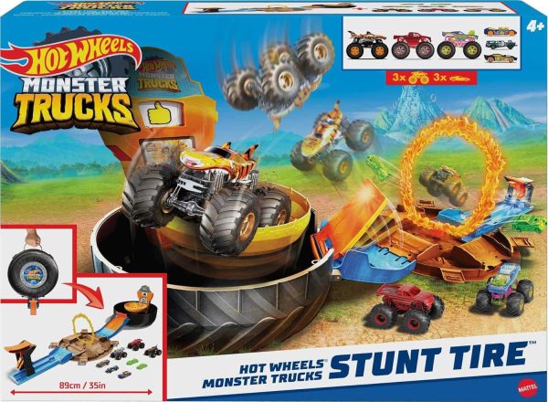 Hot Wheels Toy Monster Trucks Playset, Tire-Shaped Case Transforms into Race Course, 3 Trucks & 4 Cars in 1:64 Scale, Stunt Tire (Amazon Exclusive) - Image 7