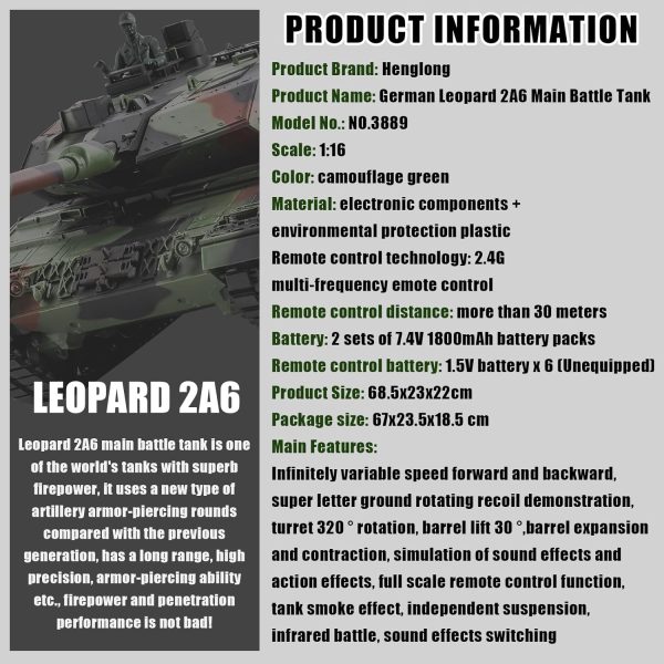 Remote Control Tank, Henglong German Leopard 2A6 Main Battle Tank, 1/16 2.4ghz RC Tank That Shoots, RC Tanks Vehicles Model with Sound & Light for Ages 14+ - Image 9