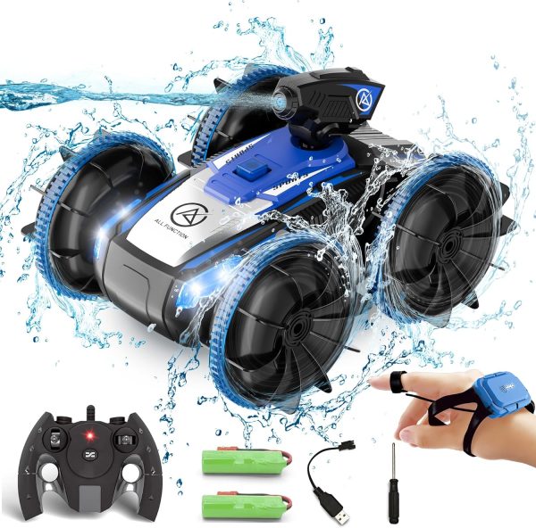 Amphibious Remote Control Car with Self-Priming Water Spray and 360° Stunt Rotation, Ideal Gift for Boys and Girls, Equipped with 2 Rechargeable Batteries for Pool & Land Play, Blue - Image 2