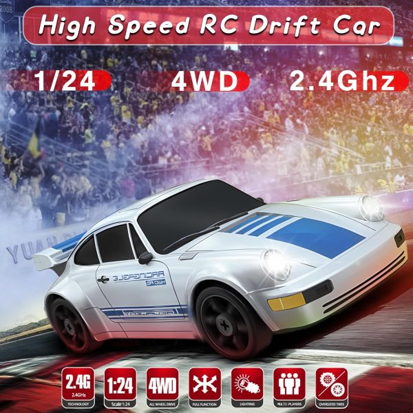 Remote Control Car RC Cars Toys for Boys, 1/24 2.4GHz 4WD RC Drift Car Silver Racing Drift Hobby Racing Car Toys with Light Rechargeable Battery and Drift Tires Xmas Toys for Kids - Image 3