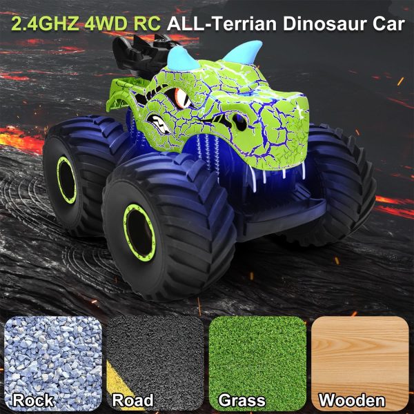 Remote Control Dinosaur Car Toys for Kid Boys, 2.4GHz RC Monster Truck Toys with Spray, Light, Sound, All Terrain Rechargeable Electric RC Car Toy, Gifts for 4-7 8-12 Kids (Green) - Image 5