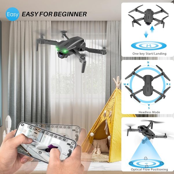 Drone With 1080P FPV Camera for Kids Adults - Quadcopter Drone with Hover Stable, Foldable Mini Drones With One Key Start, Waypoint Fly, Headless Mode, Auto-Follow, 3D Flip, 3 Speeds, 2 Batteries, Easy for Beginners - Image 4