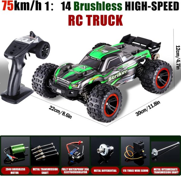 1:14 Scale RC Cars 75 KMH Brushless Remote Control Car 4X4 Fast RC Truck for Adult Boys 2.4 GHz All Terrains RC Buggy Off-Road Hobby RC Trucks RC Monster Trucks with 2 Batteries (Green) - Image 6