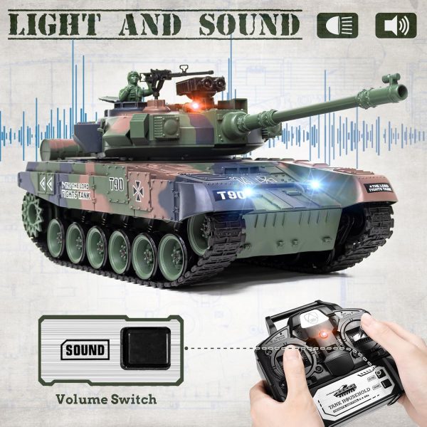 1:18 RC Tank, 2.4Ghz RUS T-90 Remote Control Tank Model Toys, Battle Army Tank 15 Channel with Smoke, Light Sound, Volume Switch, Military Toy for Adults and Kids That Shoots BBS, Water Bombs - Image 8