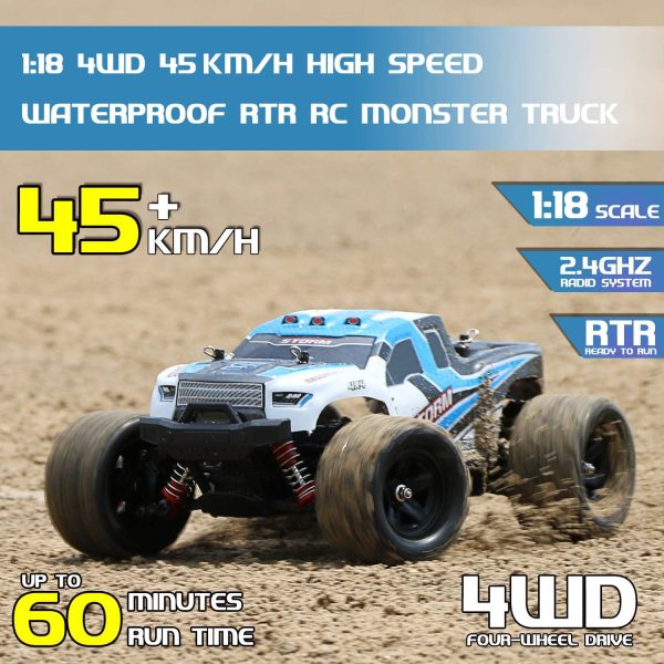 Remote Control Truck for Boys 45KM/H 1:18 Scale RC Truck 4WD All Terrain Off Road Fast RC Car with 2 Rechargeable1200mAh Batteries for 60 Min Run Time, 2.4Ghz Remote Control Car Gift for Adults Girls - Image 3