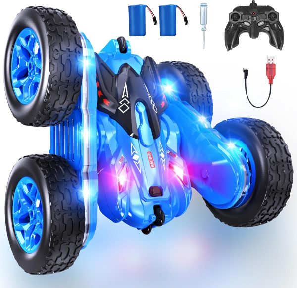 Remote Control Car, RC Cars with Strip Lights and Headlight, 2 Hours Long Battery Life, 4WD Double-Sided 360° Flips Rotating Stunt RC Car Toys, Birthday Gift for Boys Girls (Blue) - Image 2