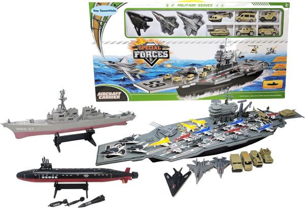 Toy Aircraft Carrier Submarine Destroyer Ship Combo with Military Vehicles and Fighter Jets - Image 2