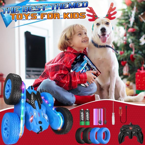 Remote Control Car,RC Cars with Sides Light Strip and Headlights,Double Sided 360 Flips Rotating RC Stunt Car,2.4Ghz All Terrain Toys for Ages 4-6 Kids Toy for Boys Girls Birthday Gift(Blue) - Image 8