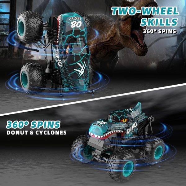 Monster Truck Toys, 2.4Ghz RC Monster Trucks for Boys, 1:20 Dinosaur RC Cars with Light & Music, Remote Control Truck with Stunt, 360° Spin, Walk Upright& Drift, Remote Control Car for Boys 4-7 - Image 9