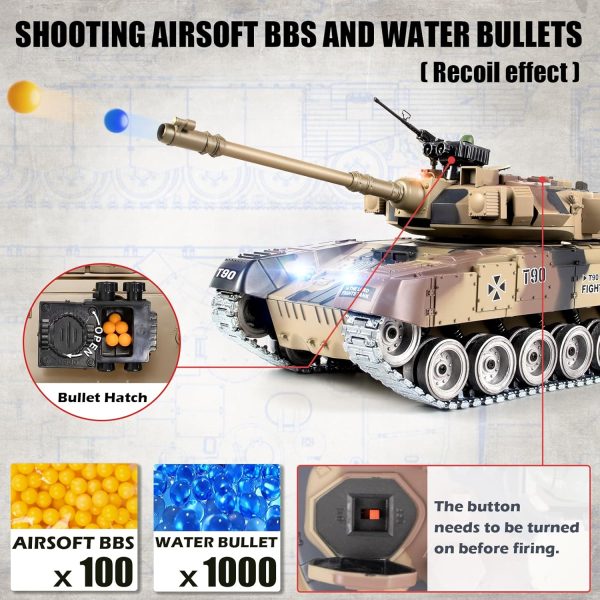 RC Tank, 1:18 Russian T-90 Metal Tracks Remote Control Model Tank Toys, 2.4Ghz Army Tank with Smoke, Sound and Light, RC Military Vehicle That Shoots BBS and Water Bullets for Adults and Kids - Image 4