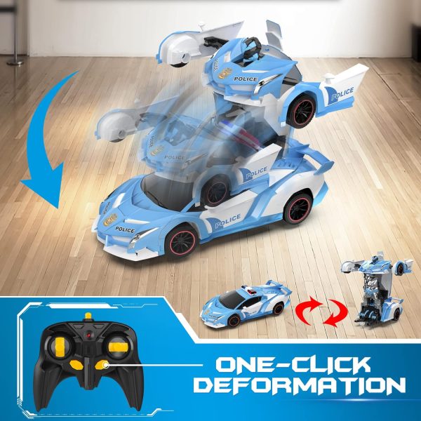 FDJ RC Cars - Transform Remote Control Car, 2.4Ghz 1:18 Scale Transforming Police Car Toy with Flashing Light, One Button Deformation 360 Degree Rotating Drifting Kids Toys Car for Boys Girls - Image 5