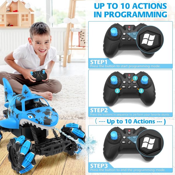 1:14 Shark Toy with Water Shooting Spray, Programming Remote Control Shark, Slides, 360-degree Rotations, Drifts, One-key Demo, Features Lights & Sounds, All Terrains Monster Truck for boys 5-7(Blue) - Image 4