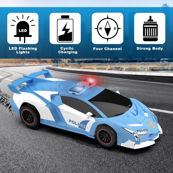 FDJ RC Cars - Transform Remote Control Car, 2.4Ghz 1:18 Scale Transforming Police Car Toy with Flashing Light, One Button Deformation 360 Degree Rotating Drifting Kids Toys Car for Boys Girls - Image 7