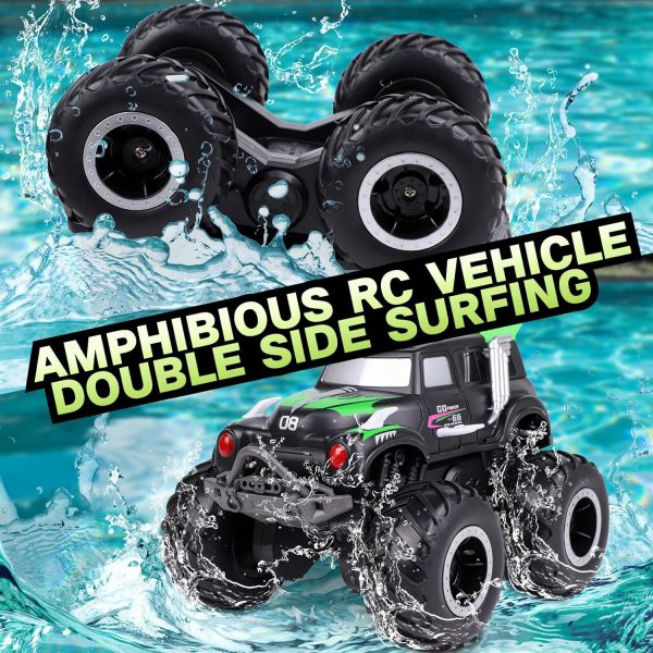 Amphibious Remote Control Cars, 1/20 Stunt RC Rock Crawler Monster Truck Toy with Two Alternative Rechargeable Batteries, All-Terrain 4WD Off-Road Vehicle Toys Gift for Kids Age 8-12 Green - Image 4