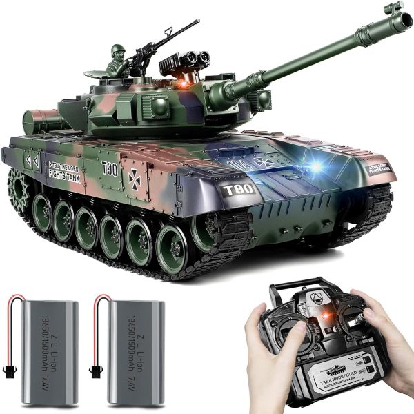 1:18 RC Tank, 2.4Ghz RUS T-90 Remote Control Tank Model Toys, Battle Army Tank 15 Channel with Smoke, Light Sound, Volume Switch, Military Toy for Adults and Kids That Shoots BBS, Water Bombs - Image 2