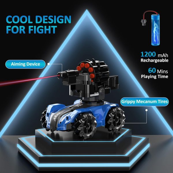 RC Tank Car,Rc Car That Shoot,2 Heads That Shoot Nerf Bullet (Foam Dart), Make Bubble, Remote Control Tank for Adult, 4WD Battle Stunt Car with 360°Rotating, LEDs, Music, Toy Gift for Boys 6+ - Image 6