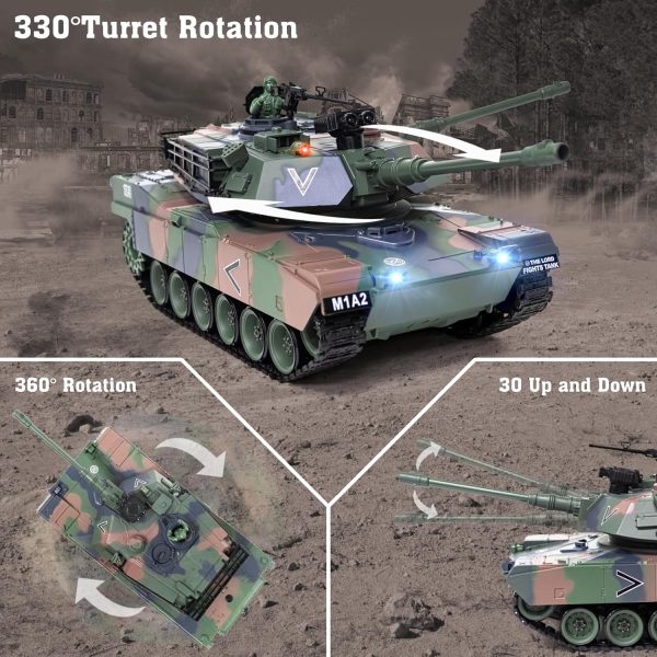 1:18 RC Tank, 2.4Ghz M1A2 Remote Control Tank Model Toys, 15 Channel Battle Army Tank with Smoke, Light, Sound, Volume Switch, Military Toy for Adult and Kid That Shoots BBS and Water Bombs - Image 3