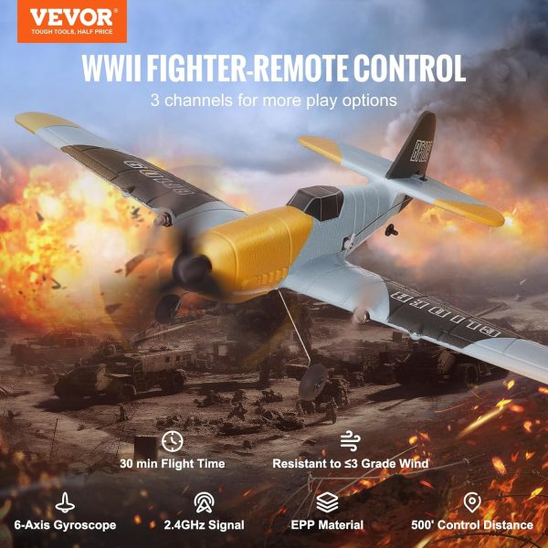 VEVOR RC Plane, 2.4GHZ 3 Channel RC Airplane with 6-Axis Gyro Stabilizer&2 Batteries, Ready to Fly BF-109 Fighter Aircraft Plane Toy for Adults Kids Beginners Boys Birthday/Xmas Child Gift - Image 3