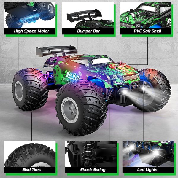 Remote Control Car, 1:18 Scale All Terrain RC Cars, 2WD 20Km/h with Colorful LedLight and Two Rechargeable Batteries, Remote Control Monster Truck Off Road Racing Car Toys for Kids and Boys - Image 7