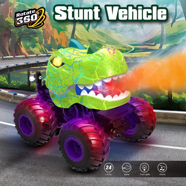 Dinosaur Remote Control Car, 360° Rotating RC Stunt Car Monster Truck Toys with Spray, Light & Sound, 2.4GHz All Terrain RC Cars for Boys Age 4-7, Birthday Gifts for Kids 3-5 6 7 8-12 (Green) - Image 4