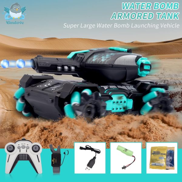 RC Stunt Tank with Light, Watch Gesture Sensor RC Tank Toy, 360 Rotation Remote Control Stunt Car Shooting Water Bullets, Gifts for Children (Black and Cyan) - Image 4