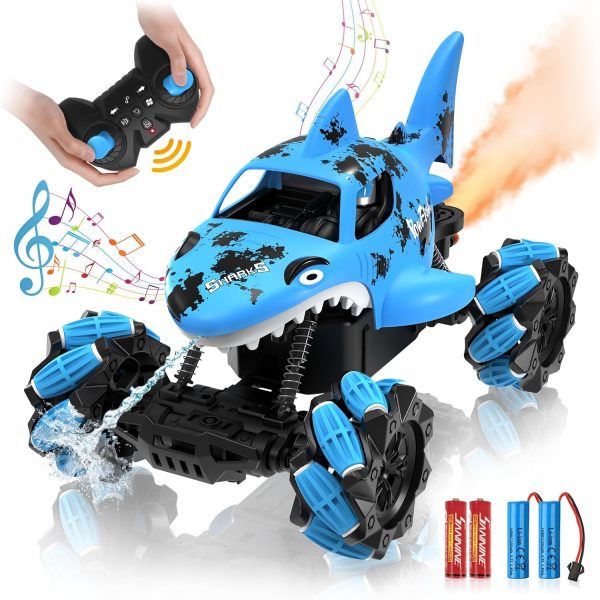 1:14 Shark Toy with Water Shooting Spray, Programming Remote Control Shark, Slides, 360-degree Rotations, Drifts, One-key Demo, Features Lights & Sounds, All Terrains Monster Truck for boys 5-7(Blue) - Image 2