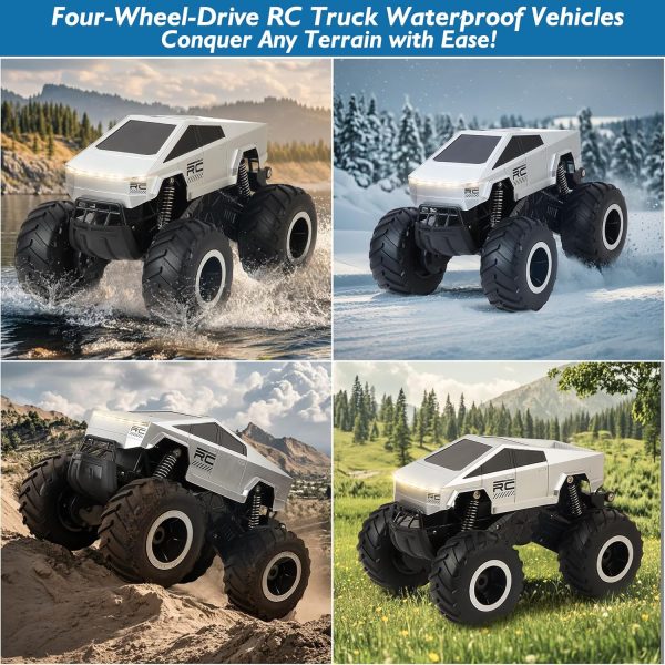 1:16 Remote Control Cyber Truck Toy, 2.4GHz Waterproof Monster Truck RC Cars for All Terrain, 4WD Amphibious and Dual-motor Remote Control Car with 2*Batteries, Led Lights Gifts for Boys Girls Ages 6+ - Image 4