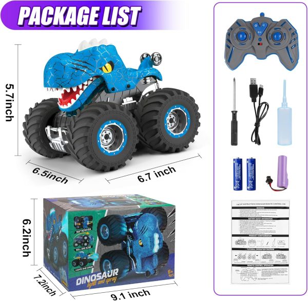 Dinosaur Remote Control Car for Kids, 2.4GHz 360° Rotating RC Monster Truck Toys for Boys Girls Age 4-7 with Spray, Light & Sound, All Terrain Stunt Cars with 2 Batteries, Birthday Gifts for Kids 6-12 - Image 8