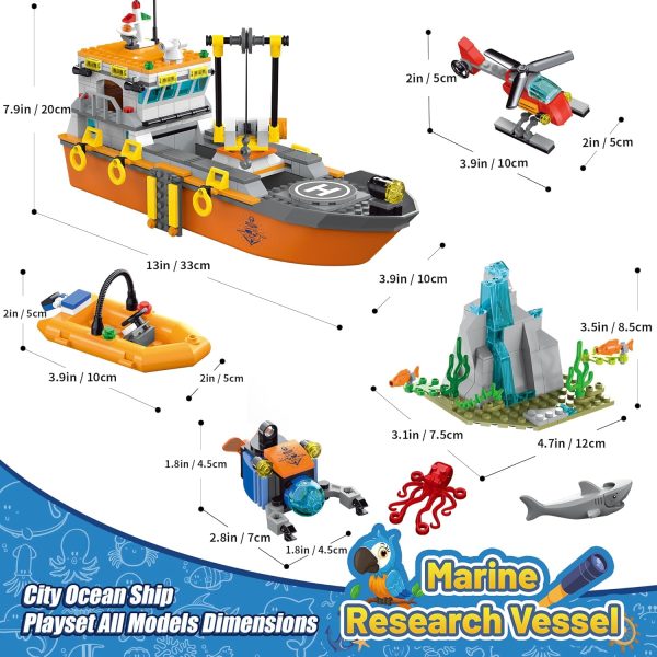 City Ocean Explorer Ship Building Set, Fun Toy Exploration Boat Building Block Kit with LED Lights,Helicopter, Submarine,and Shark Cage, Birthday Gifts for 6 8 10 12 Years Old Boys Girls Kids - Image 7