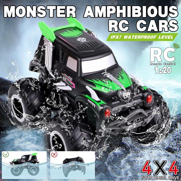 Amphibious Remote Control Cars, 1/20 Stunt RC Rock Crawler Monster Truck Toy with Two Alternative Rechargeable Batteries, All-Terrain 4WD Off-Road Vehicle Toys Gift for Kids Age 8-12 Green - Image 5