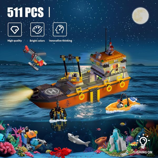 City Ocean Explorer Ship Building Set, Fun Toy Exploration Boat Building Block Kit with LED Lights,Helicopter, Submarine,and Shark Cage, Birthday Gifts for 6 8 10 12 Years Old Boys Girls Kids - Image 3