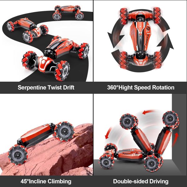 Gesture Sensing RC Stunt car, 4WD Drive Watch Remote-Controlled Vehicle, Bidirectional Drifting Off-Road Vehicle with Music and Lights Toys for Boys,Presents for Kids(RED) - Image 6