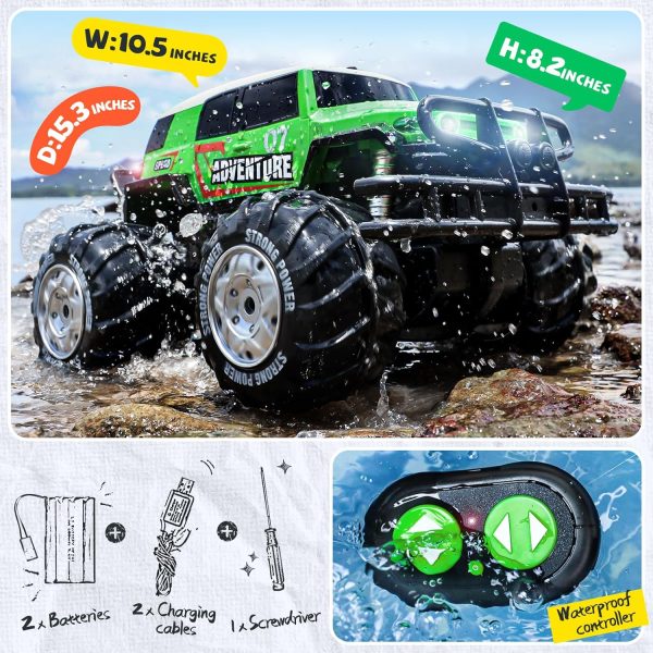 Ruko 1601AMP2 Amphibious Remote Control Car, 1:10 RC Car Toys for Boys, IPX6 Waterproof Monster Truck with Lights for All Terrain, 2 Rechargeable Batteries, Gifts for Kids (Green) - Image 3