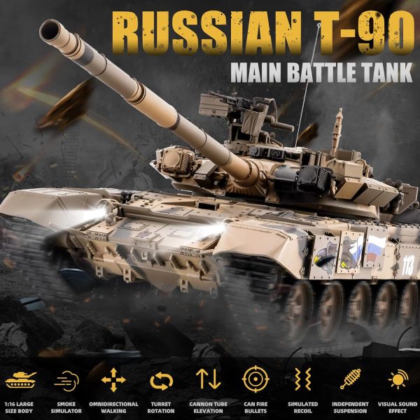 RC Tank Russian T-90 Main Battle Tank, 1/16 2.4ghz Remote Control Tank Vehicles Model with Sound & Light for Ages 14+ - Image 3