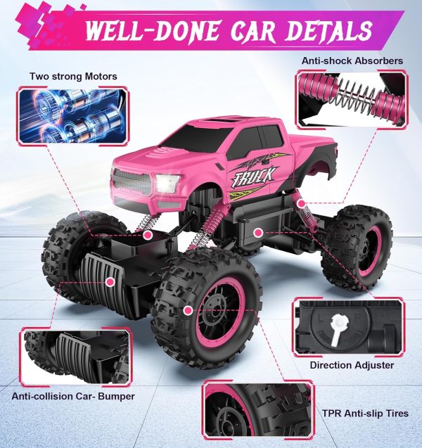 DOUBLE E Remote Control Car for Girls 1/12 Scale Monster Trucks Dual Motors Off Road RC Trucks, Girls Toys RC Crawler Vehicle Truck Toy, Birthday/Xmas Gift Ideas, Pink - Image 6