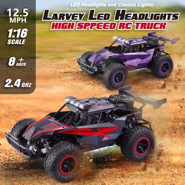 1:16 Scale Remote Control Car, 20 Km/h High Speed Remote Control Truck Off Road RC Monster Vehicle with LED Headlights and Chassis Lights, Electric Toy for Boys Kids and Adults - Image 7