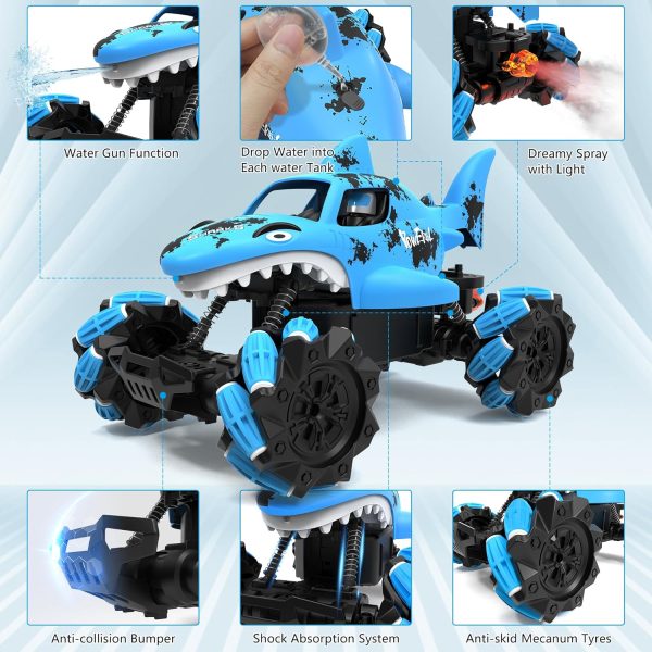 1:14 Shark Toy with Water Shooting Spray, Programming Remote Control Shark, Slides, 360-degree Rotations, Drifts, One-key Demo, Features Lights & Sounds, All Terrains Monster Truck for boys 5-7(Blue) - Image 6