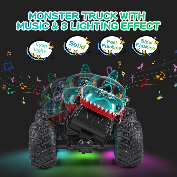 Remote Control Car, 2.4Ghz All Terrain Dinosaur Monster Truck Toys, RC Truck with Music, 3 Lighting Effects, 360 Stunt Capable, All Included Ready to Run, Toy Gifts for Boys and Girls (Cyan) - Image 6